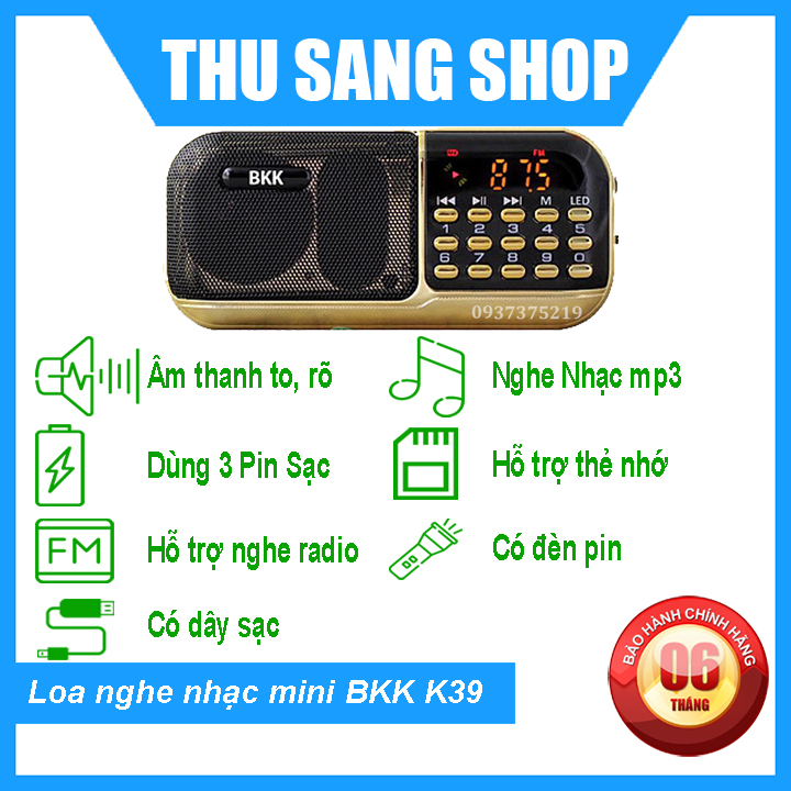 Loa nghe nhạc mini BKK K39 chính hãng sử dụng 3 PIN nghe nhạc bằng thẻ nhớ rất lâu và có đèn pin siêu sáng
