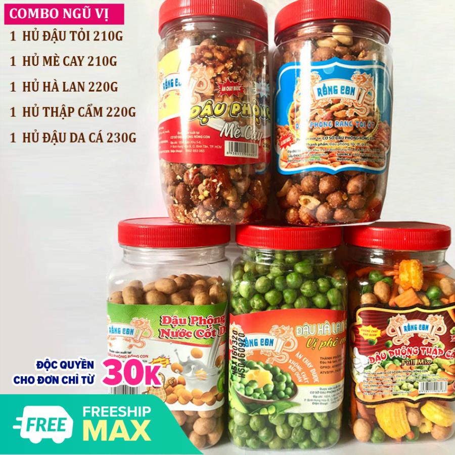 Combo Ngũ vị: Đậu Phộng Tỏi Ớt  + Đậu Hà Lan Sấy + Đậu Thập Cầm + Đậu Nước Cốt Dừa + Me Cay - Đồ ăn vặt, đậu và hạt, đồ ăn chế biến sẵn