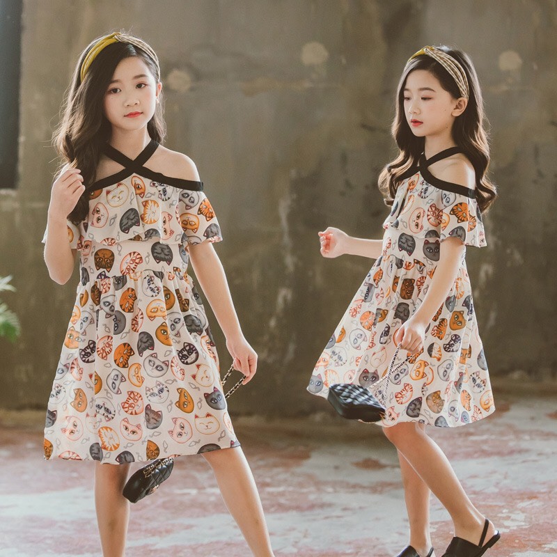 Đầm họa tiết mèo cho bé gái lớn size đại từ [15-45kg] - kèm ảnh thật