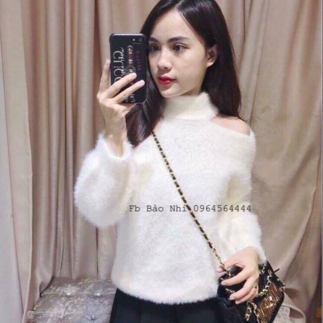 Áo len lông hở vai cổ lọ