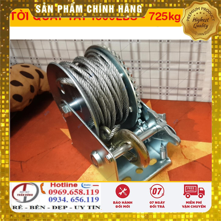 Tời Quay Tay 1600LBS Tải Trọng 725Kg - Bánh Răng Đồng - Cáp 10M