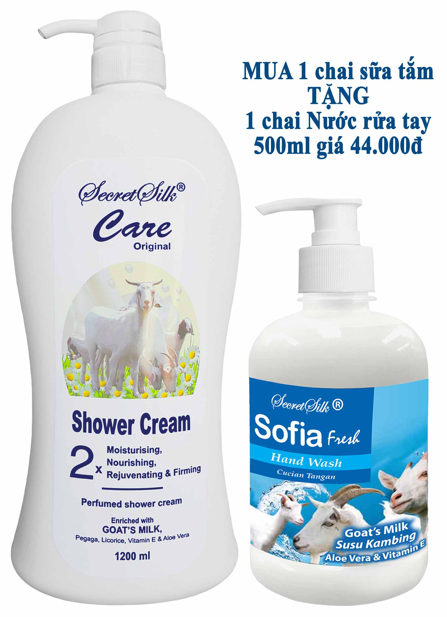 SỮA TẮM DÊ - SECRET SILK 1200ml - [Tặng chai Nước Rửa Tay SOFIA Fresh 500ml trị giá 44.000đ ]