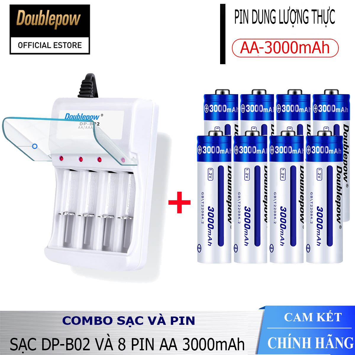 Combo sạc pin tiểu AA AAA DP-B02  và 08 viên pin AA 3000mAh (Pin 3000 xanh)  (có hộp đựng pin) Doublepow - Hàng chính hãng