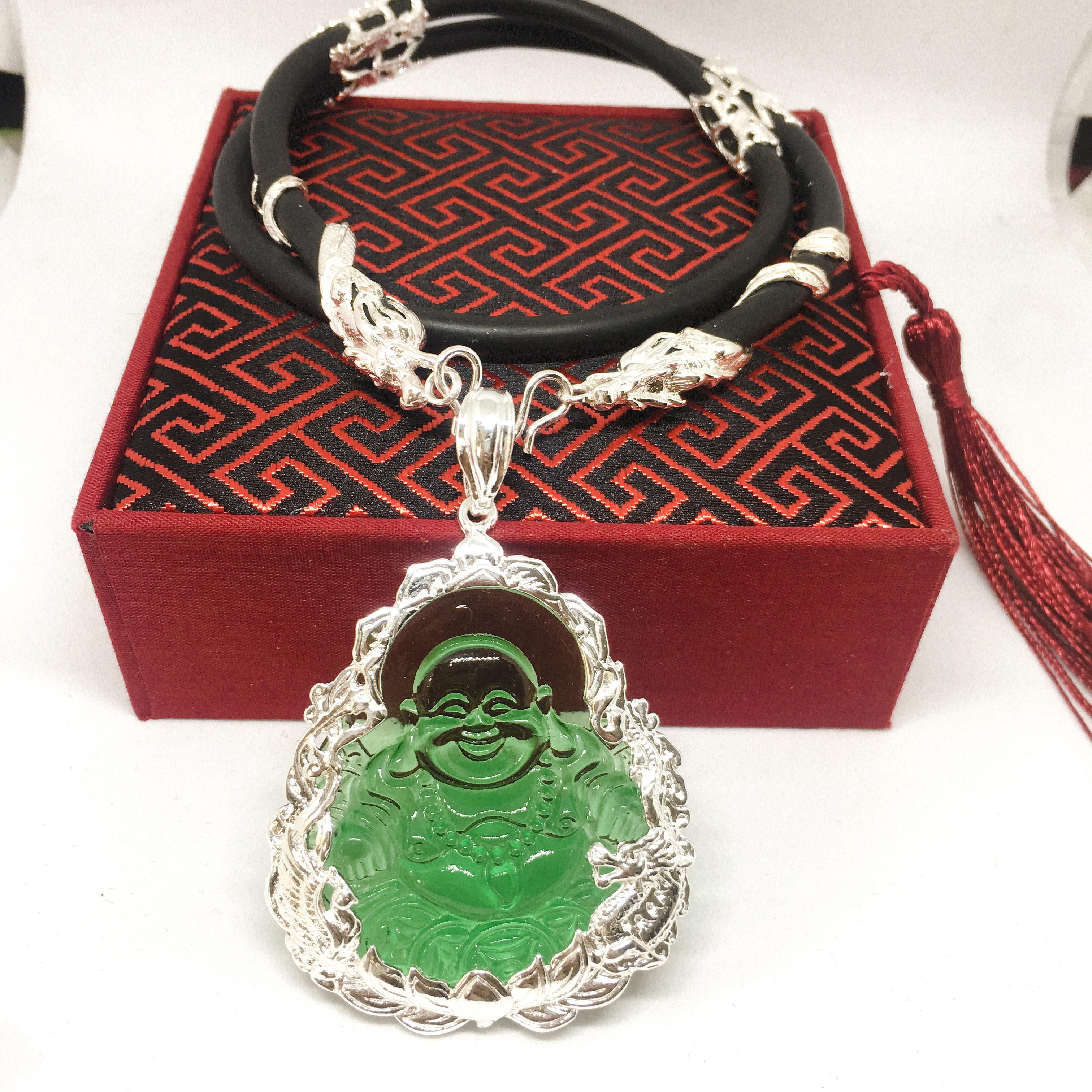 Dây chuyền Mặt Mặt Di Lạc Đá Obsidian Xanh Song Long Bạc Thái Cao Cấp - dây chuyền bạc, khóa rồng ( Màu bạc)