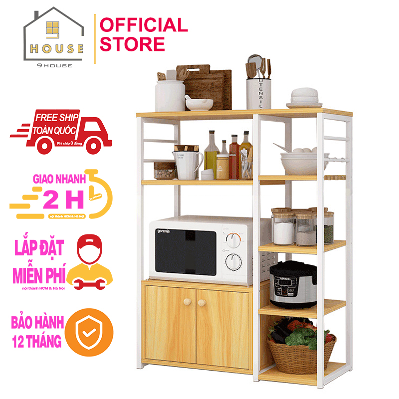 Kệ để lò vi sóng 4 ngăn có tủ 170-3 9House mẫu kệ bếp để lò nướng nồi cơm điện loại khung sắt dày sơn tĩnh điện chống rỉ mặt gỗ MDF lõi xanh chống ẩm bề mặt phủ melamine chống thấm nước cao cấp sản xuất tại Việt Nam