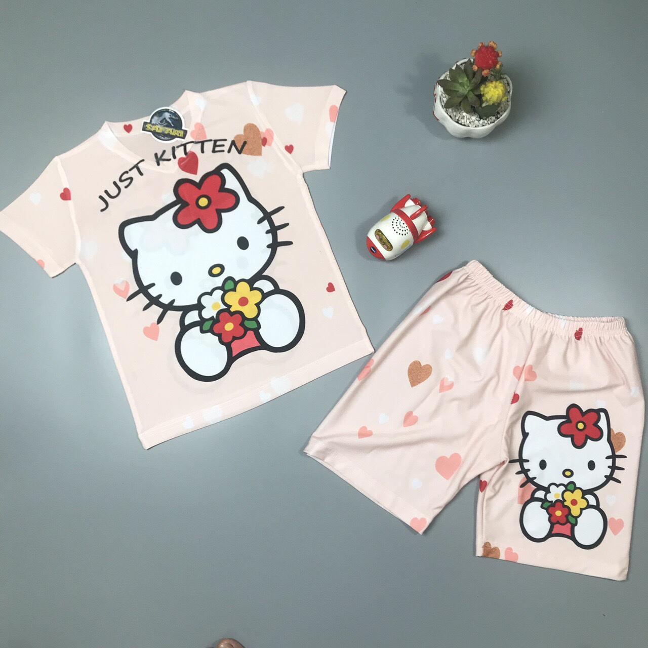 Bộ thun Thái in 3D hình mèo Kitty hồng cho bé gái size trung từ 16kg đến 25kg