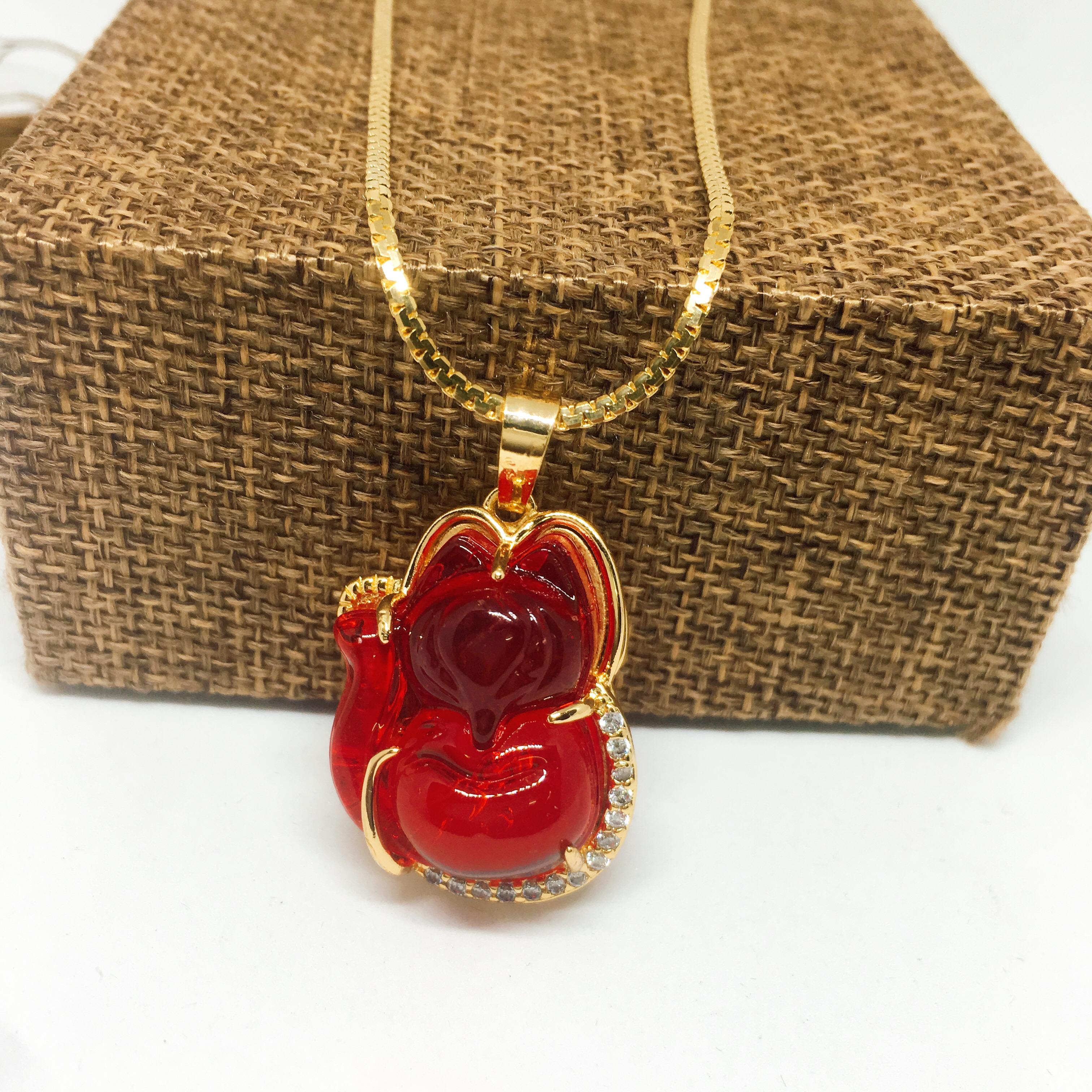 Nữ trang phong thủy Dây chuyền nữ mặt Hồ Ly đá LAMASIA bọc bạc Thái mạ vàng đính đá, trang sức phong thủy, may mắn, tài lộc, trang sức cao cấp (dây và mặt) (màu đỏ)