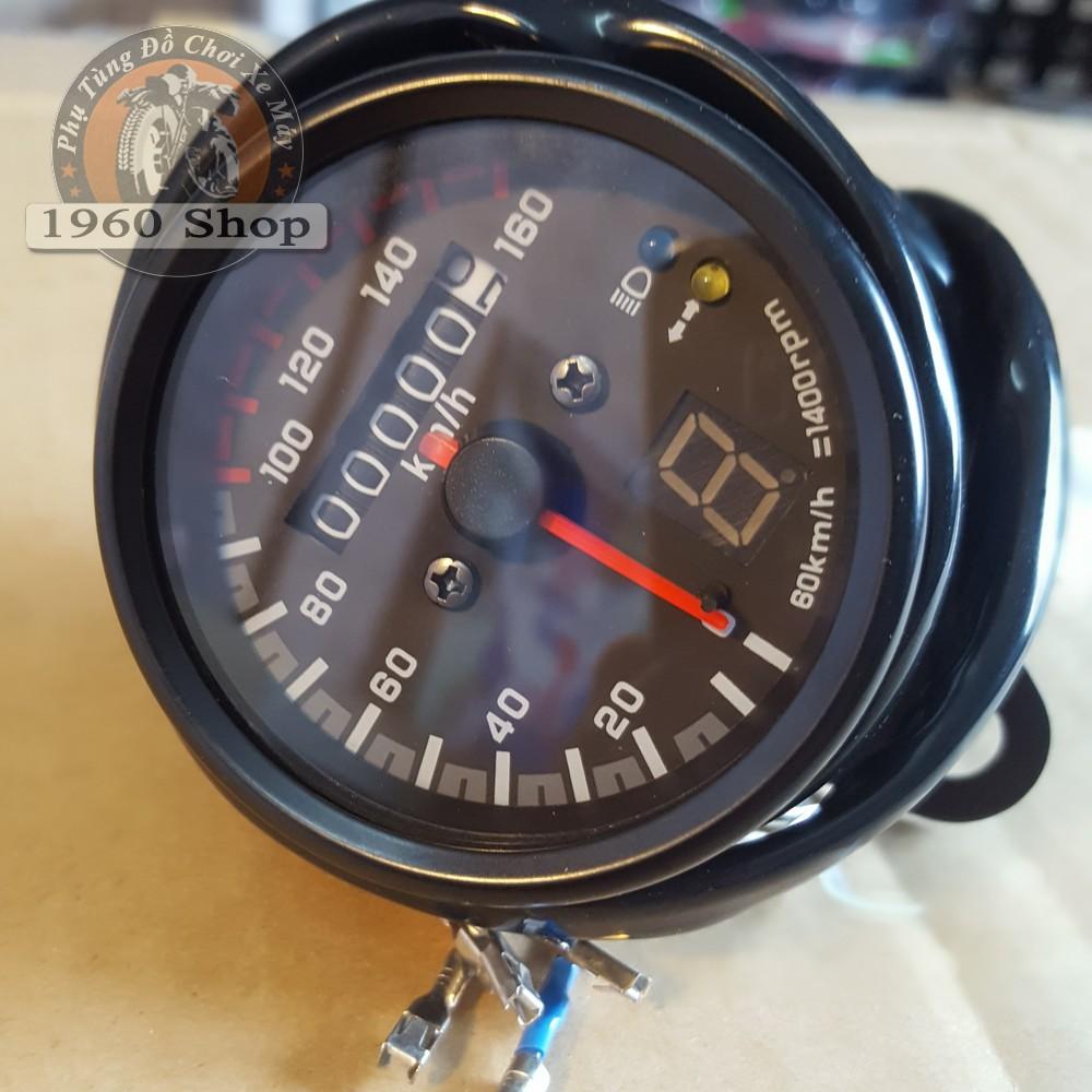 Đồng hồ độ đo km classic màu đen có kèm báo số và 2 đèn báo chức năng cơ bản Phù hợp độ Cafe Racer Tracker Win 67 Dream CUB và các loại xe máy