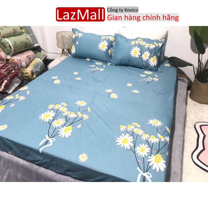 Bộ ga gối,Ga trải giường,gồm 1 ga 2 vỏ gối,dành cho đệm 1m6x2m,1m8x2m,2mx2m2 mẫu cành hoa cúc xanh Sunzin Kho chăn ga gối, ga giường, drap giường