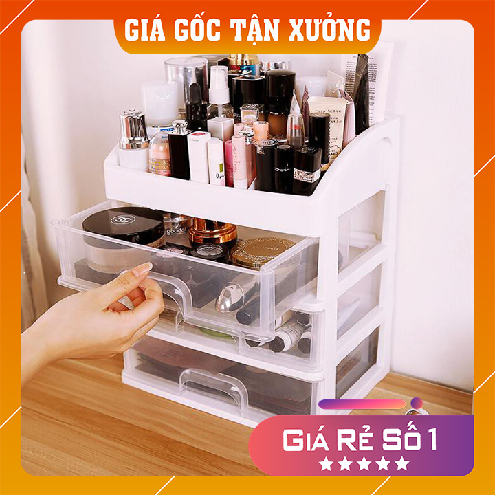 Kệ tủ đựng mỹ phẩm đồ trang điểm 4 tầng để bàn bằng nhựa trong suốt sang trọng với 3 ngăn kéo Tashuan TS-5338 hàng Việt Nam chất lượng cao chất liệu an toàn bền cho người sử dụng tháo lắp dễ dàng - Nhà Của Bạn
