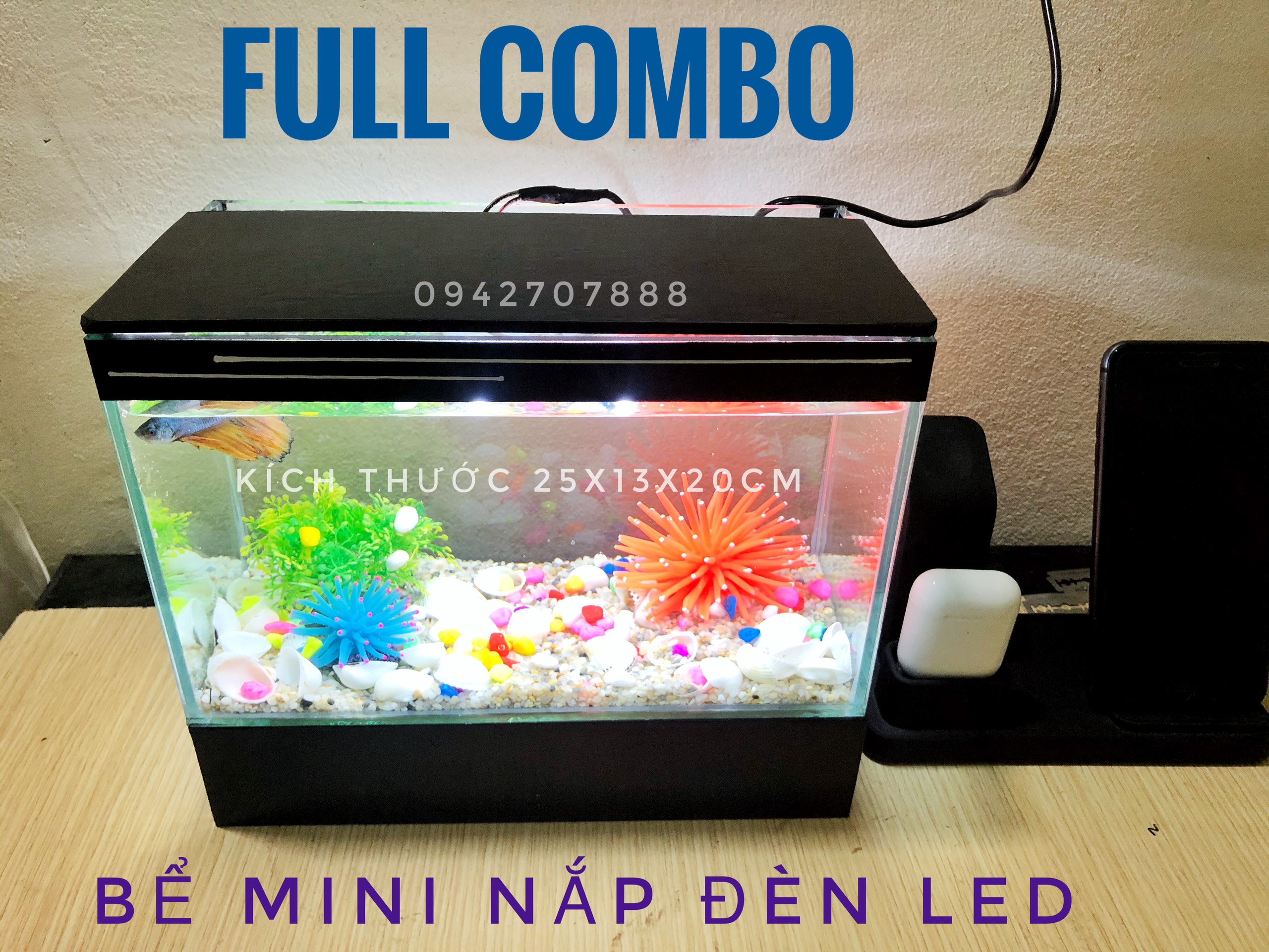 rbs Bể cá mini, bể cá viền đen 25 full chân đế và nắp đèn led kèm lọc thác mini, phụ kiện trang trí bể cá cảnh để bàn