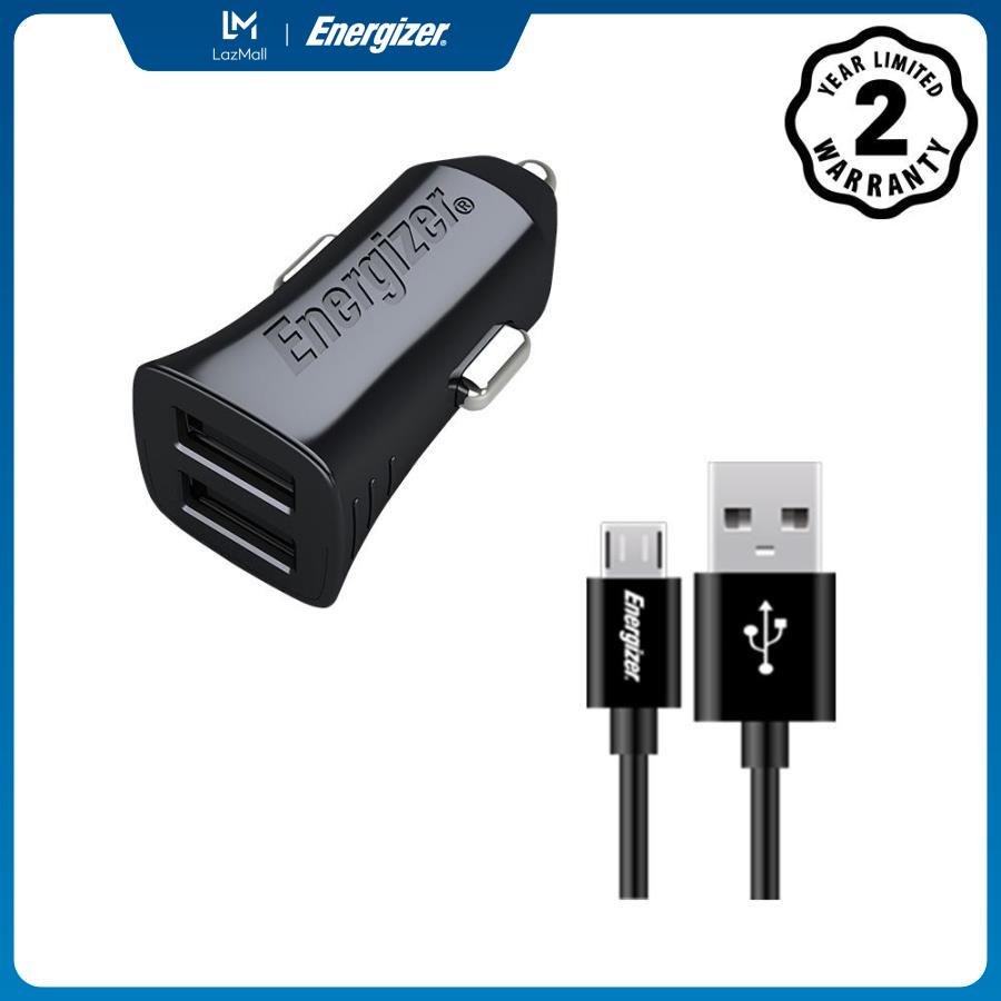 Sạc ô-tô energizer 2.4a 2usb màu đen kèm cáp microusb - dca2bhmc3