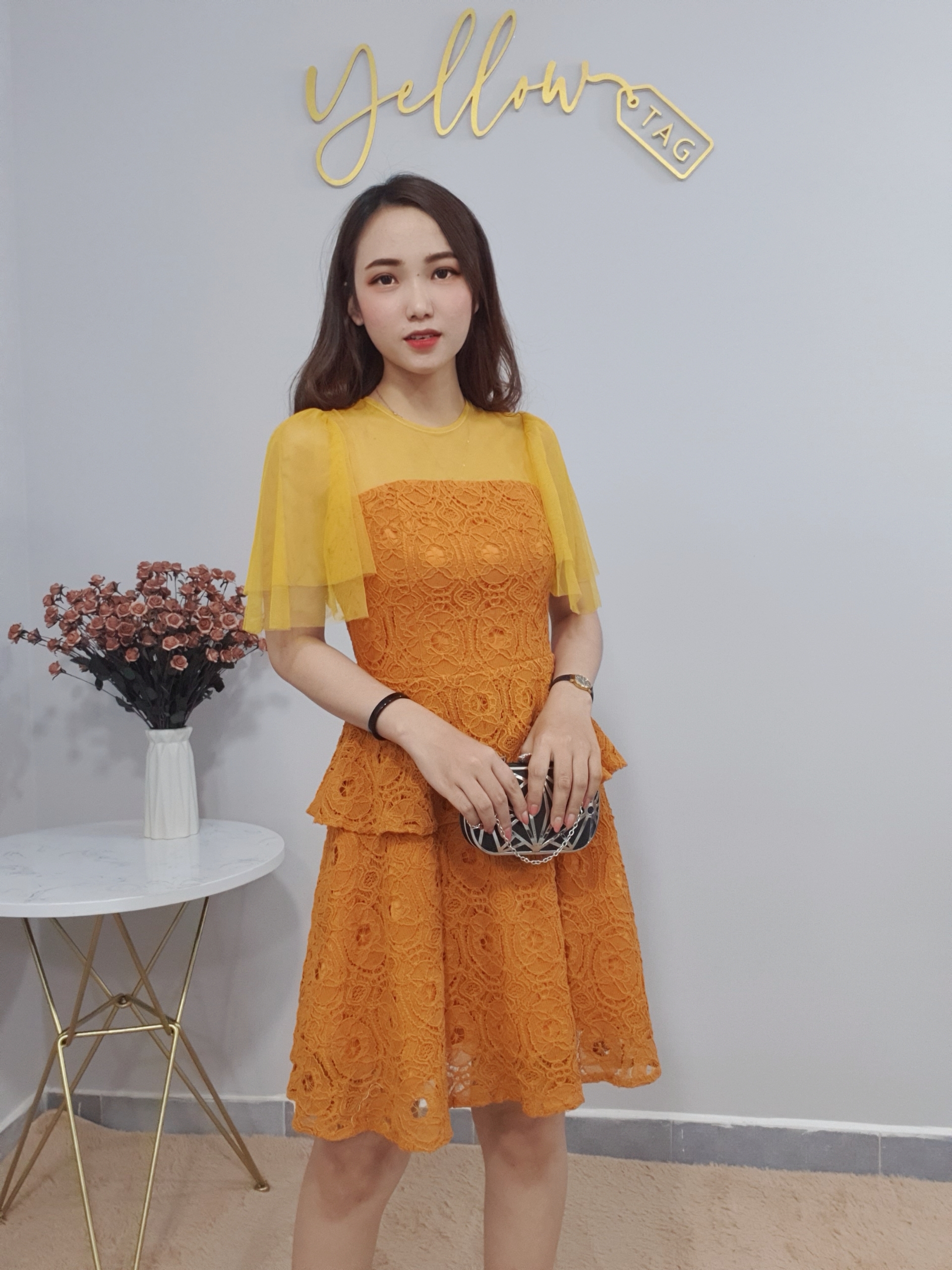 YELLOWTAG - Đầm thiết kế xòe ren phối lưới cao cấp đi tiệc