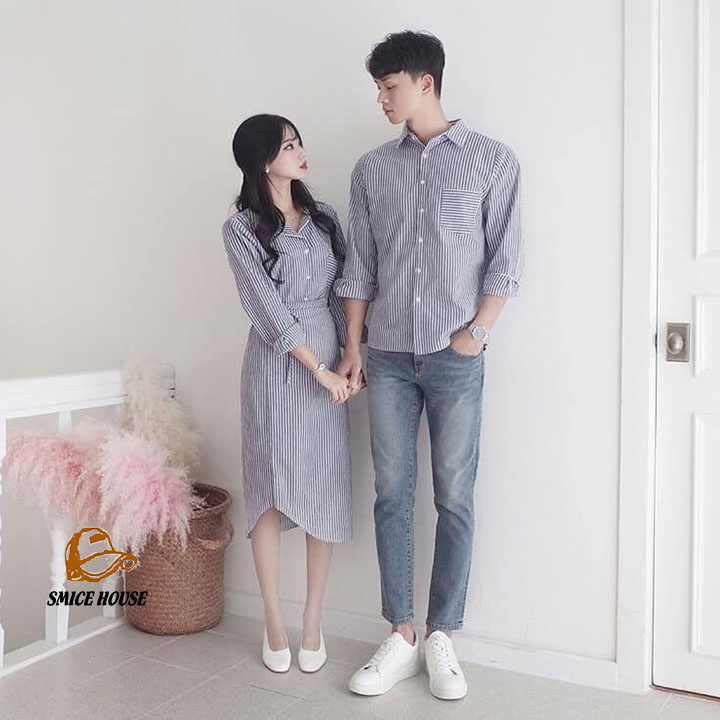 [HCM]SET ÁO ĐẦM ĐÔI KẺ SỌC ĐỒ CẶP TÌNH NHÂN ĐI BIỂN CHỤP HÌNH CƯỚI