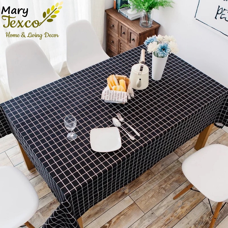 Khăn trải bàn ăn Mary Texco bằng vải lanh cotton chống bụi - họa tiết Caro đen - KB-A02
