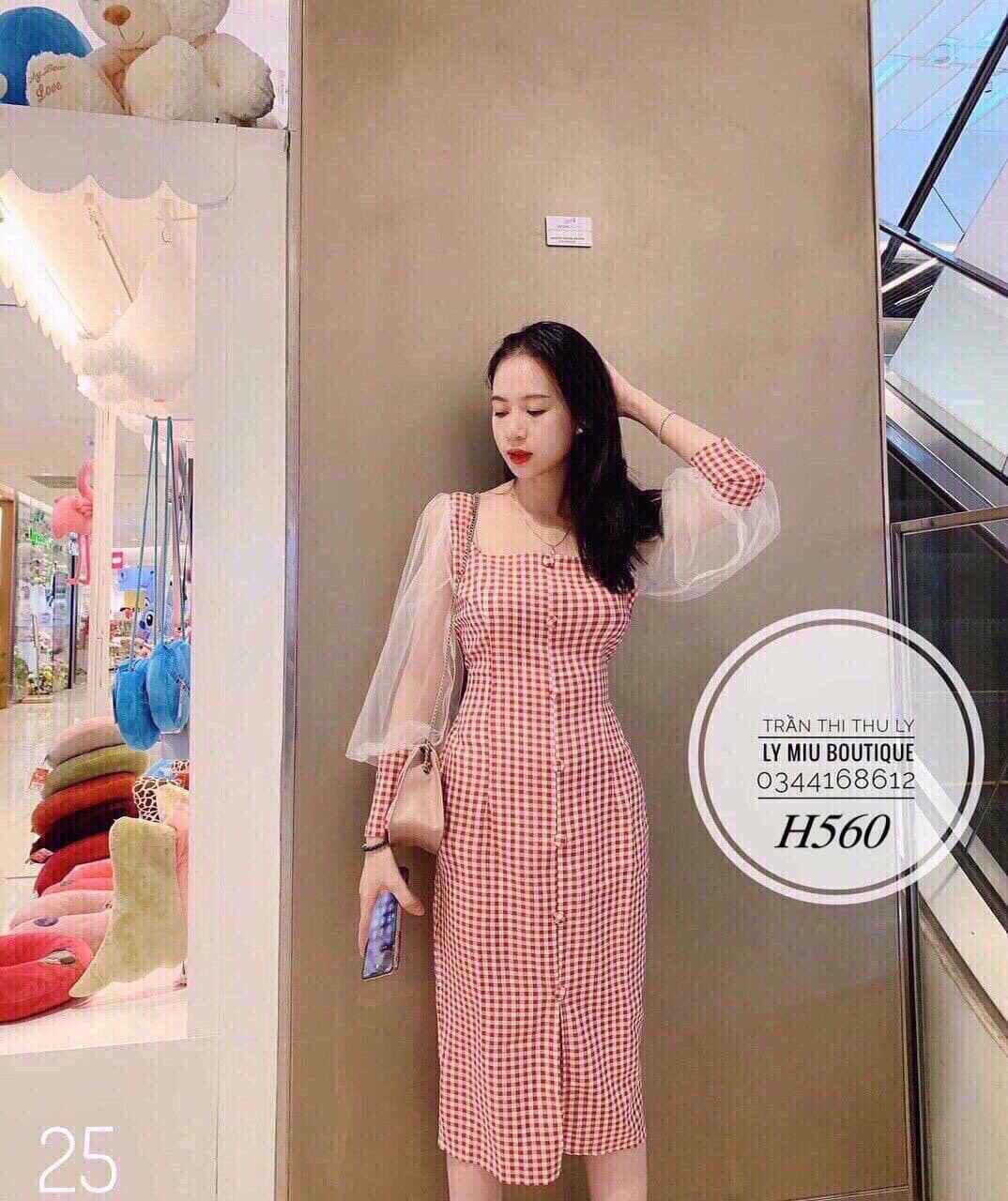 Đầm caro phối tay lưới phồng cột nơ eo