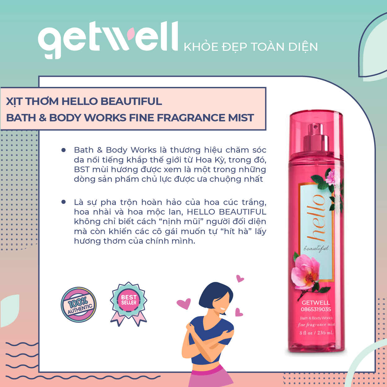 [HCM]Xịt thơm toàn thân HELLO BEAUTIFUL Bath & Body Works Fine Fragrance Mist