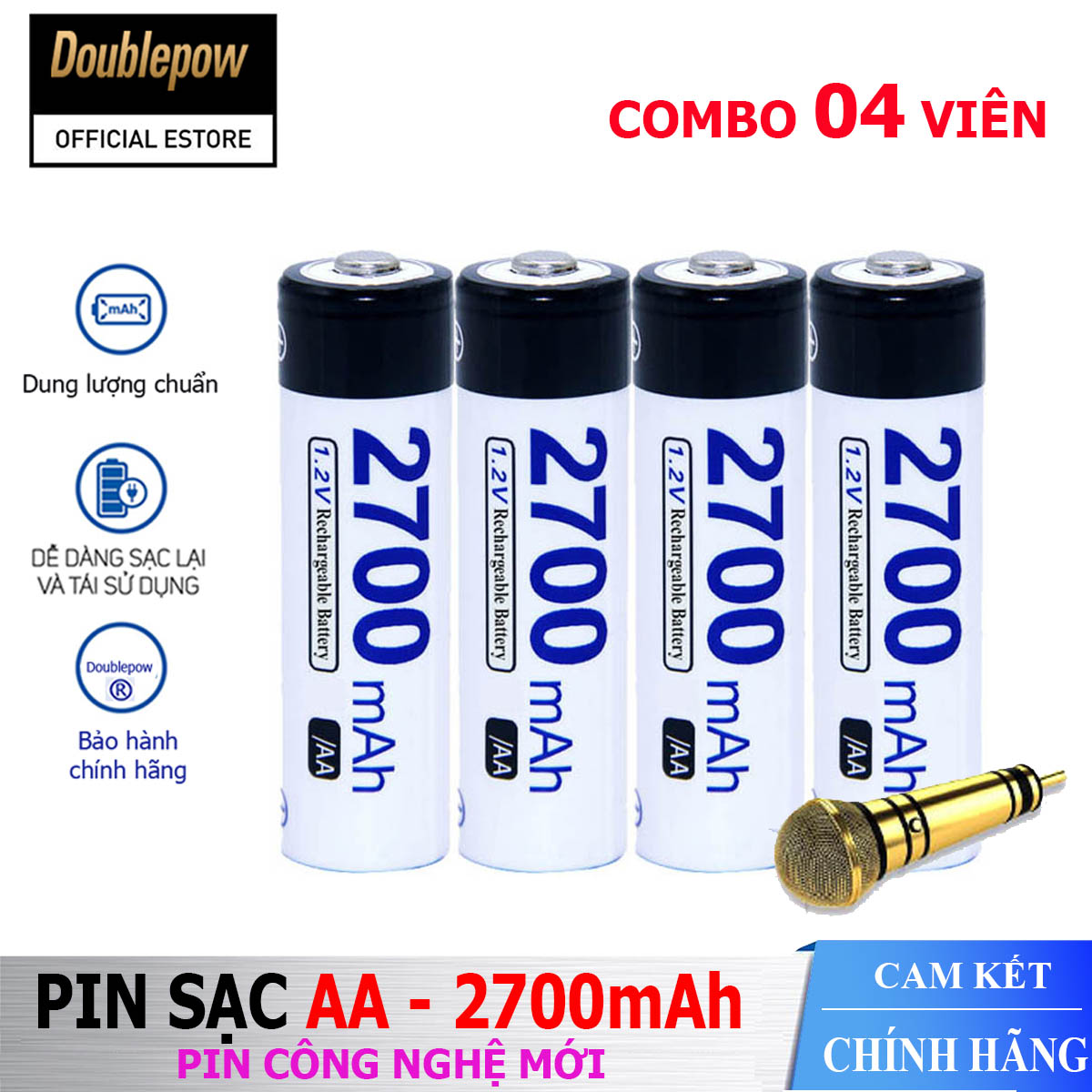 [Hộp 4 viên] Pin sạc AA 2700mAh Doublepow -Pin dung lượng thực  - công nghệ mới (pin đen) - Bảo hành chính hãng