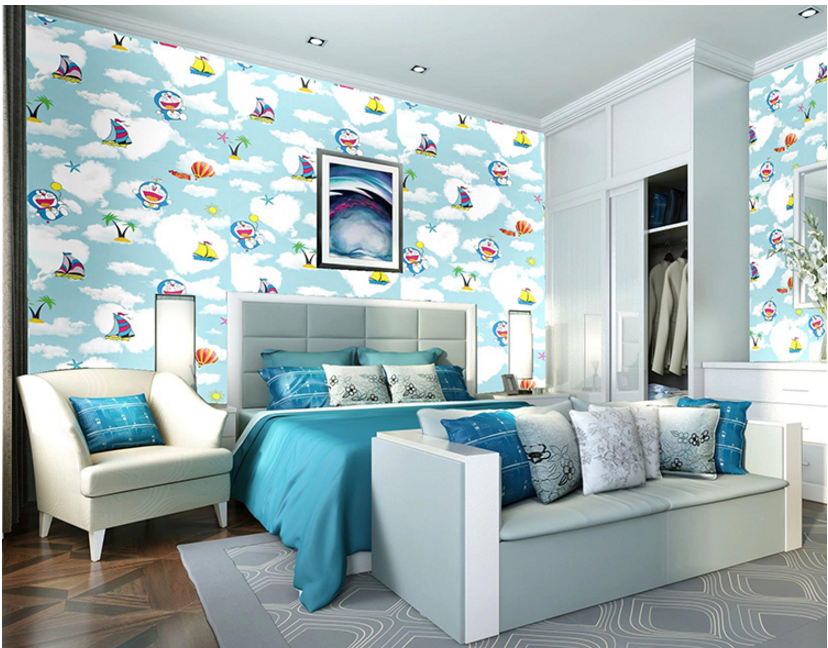 Cuộn 20m x 0.45m decal giấy dán tường đô rê mon bầu trời xanh keo sẵn bóc dán a069a