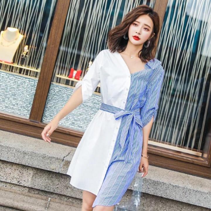 Đầm suông cổ v cách điệu style hàn quốc na046 kẻ sọc