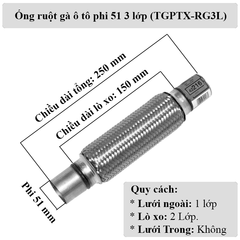 Ống ruột gà ô tô ống phi 51 (Đường kính 51) 3 lớp, lưới thép (mẫu ngắn) (Xe ô tô 4->25 chỗ, xe tải 750Kg -> 2T5)