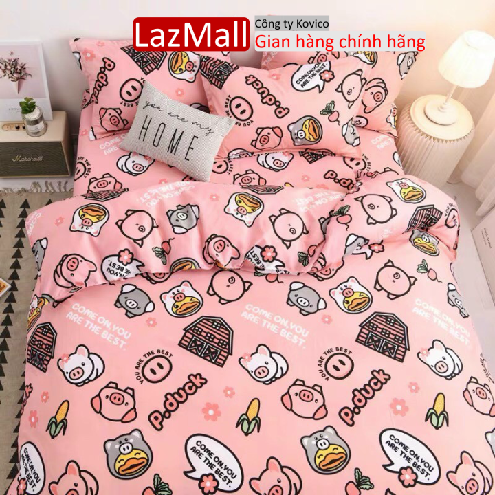 Bộ vỏ chăn ga gối cotton poly nhập khẩu set 4 món mẫu heo hồng nhí nhố Sunzin Kho chăn ga gối, ga giường, drap giường