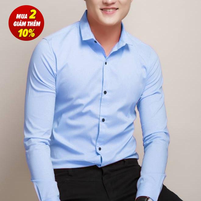 Áo sơ mi nam dài tay NF body xanh dương nhạt vải lụa Thái không nhăn