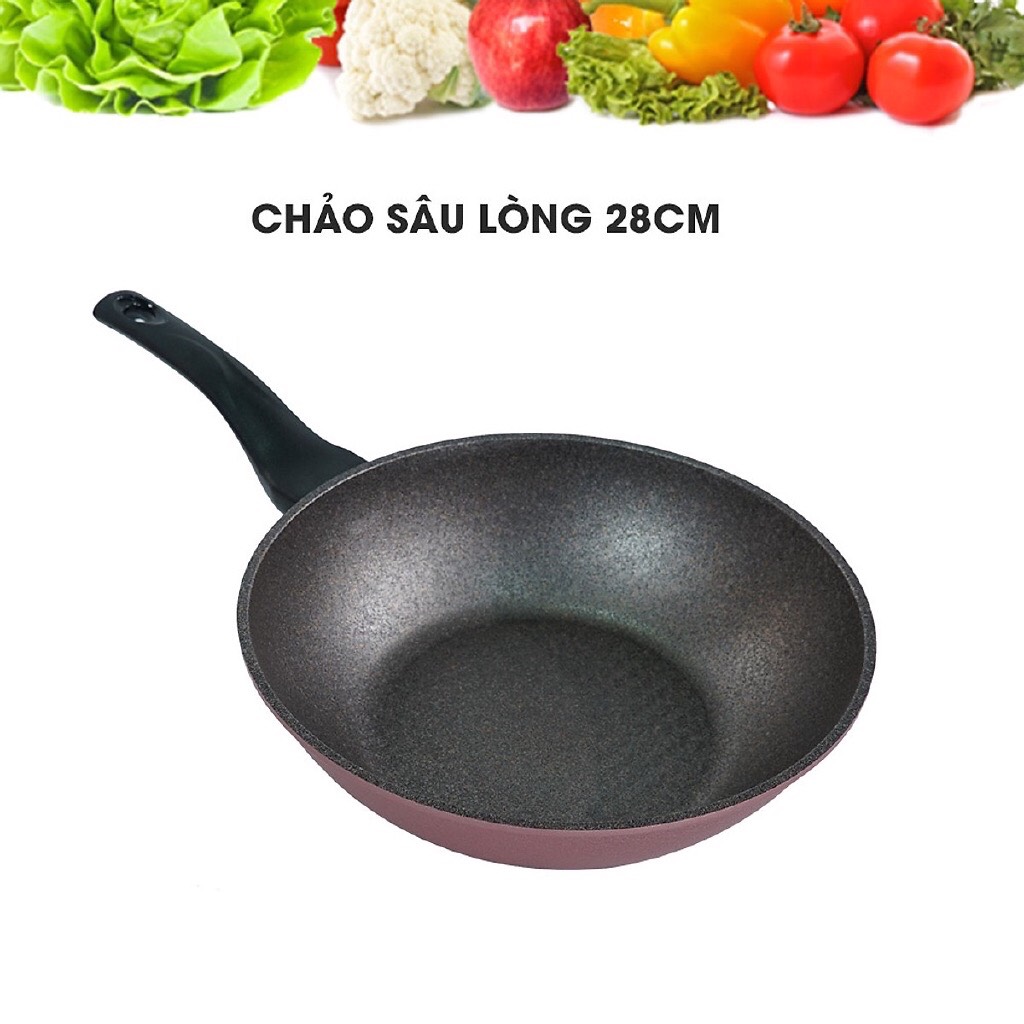 Ecoramic- Chảo sâu lòng 28cm vân đá + Nắp kính thương hiệu Hàn Quốc