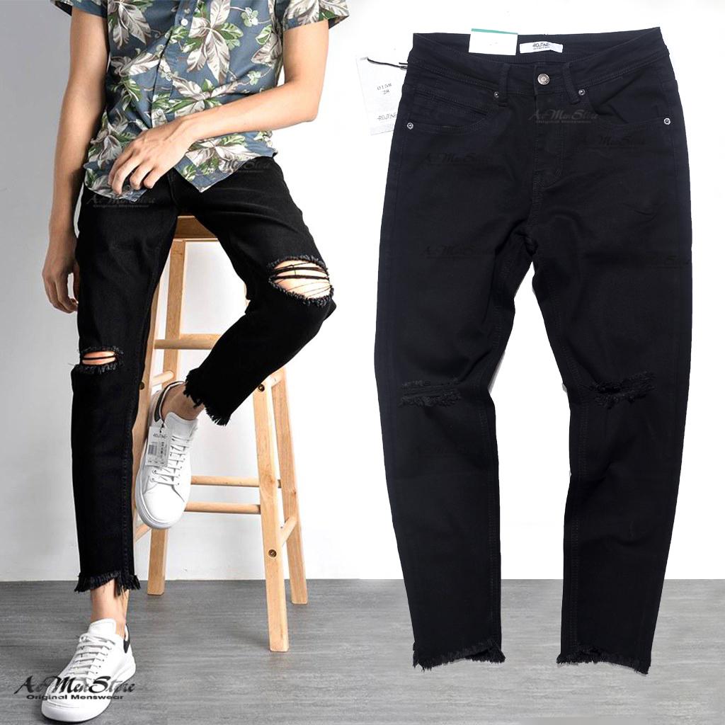 ROUTINE Quần bò nam đen rách gối tưa gấu hàng hiệu mẫu mới nhất 2019