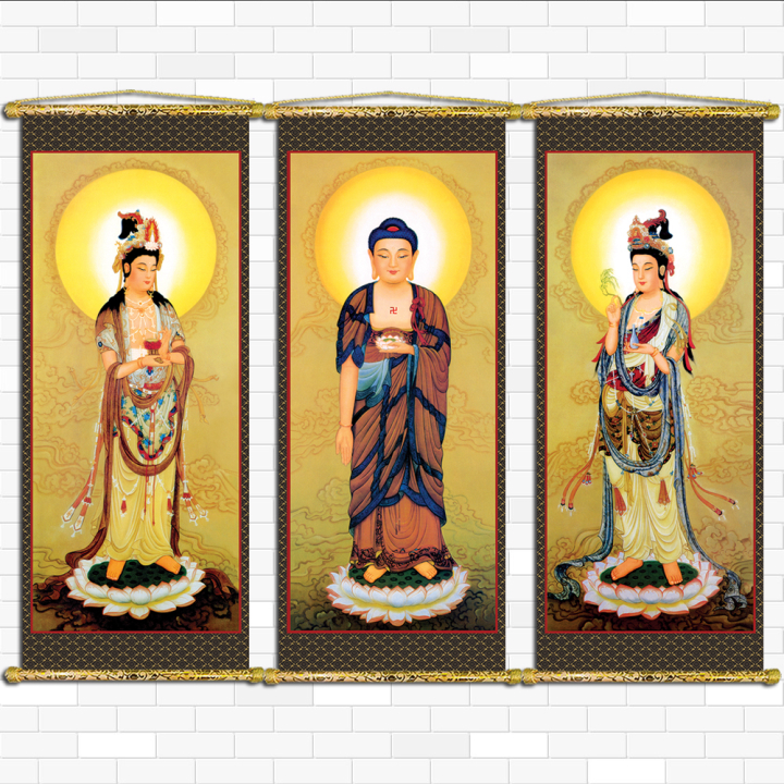 Tranh Liễn Phật Giáo - Bộ 3 Tranh Tam Thế Phật – Vải canvas cao cấp nẹp sáo gỗ tự nhiên, nhiều size, nhiều mẫu lựa chọn KT: 50x100 cm