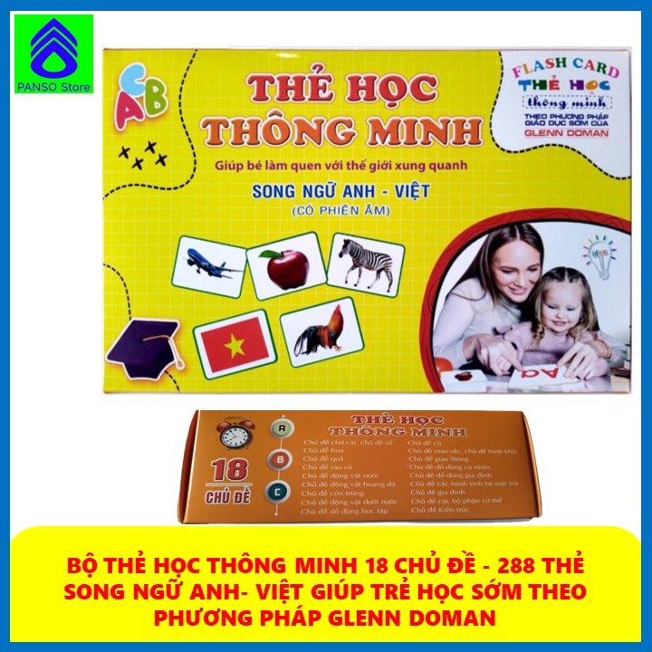 Bộ thẻ học thông minh FlashCard song ngữ Anh - Việt cỡ to 18 chủ đề (288 thẻ) dạy học cho bé từ 0-6 tuổi theo phương pháp giáo dục Glenn Doman, phát triển trí thông minh, não bộ cho trẻ [PANSO Store]