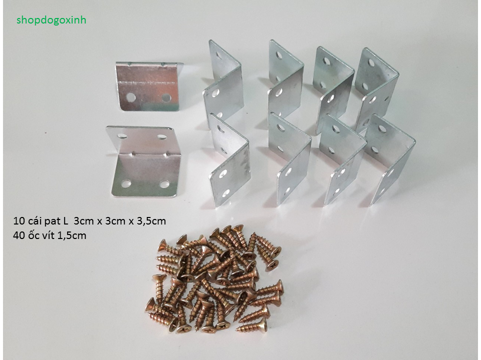 Bộ 10 pát L 4 lỗ loại 3cm x 3cm x 3,5cm kèm theo 40 ốc vít 1,5cm sử dụng treo tủ bếp, treo kệ ..v..v