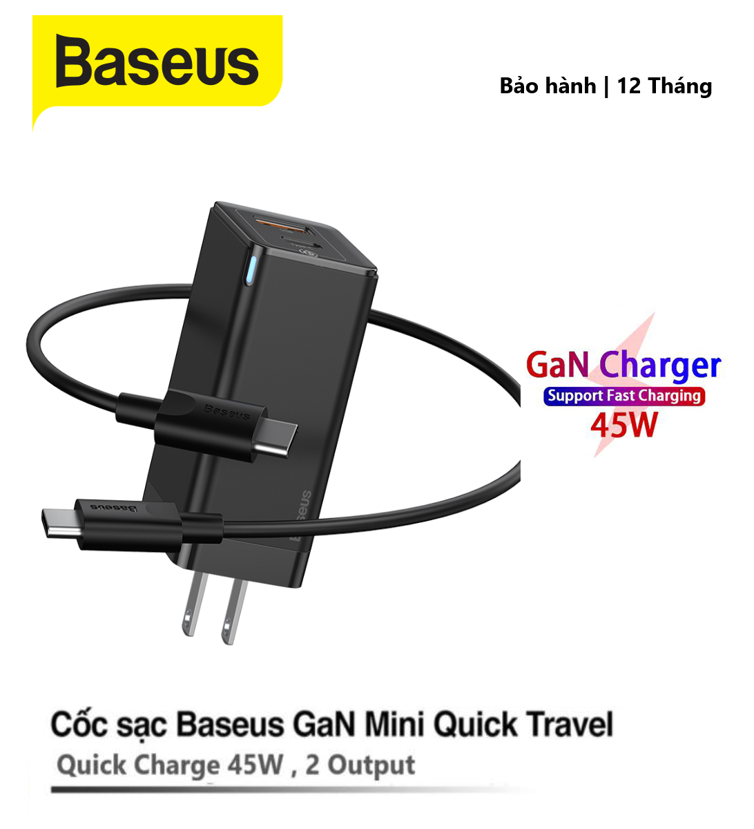 Củ sạc baseus gan 45w pd usb c, bộ sạc hỗ trợ usb dùng cho iphone, máy tính xách tay qc4.0 sạc nhanh cho huawei, samsung, xiaomi