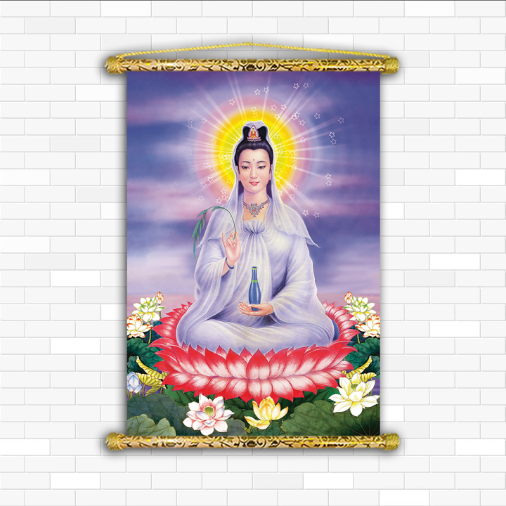 Tranh Liễn Phật Giáo - Quan Thế Âm Bồ Tát  – Vải canvas cao cấp nẹp sáo gỗ tự nhiên nhiều size nhiều mẫu thiết kế KT: 50x75 cm