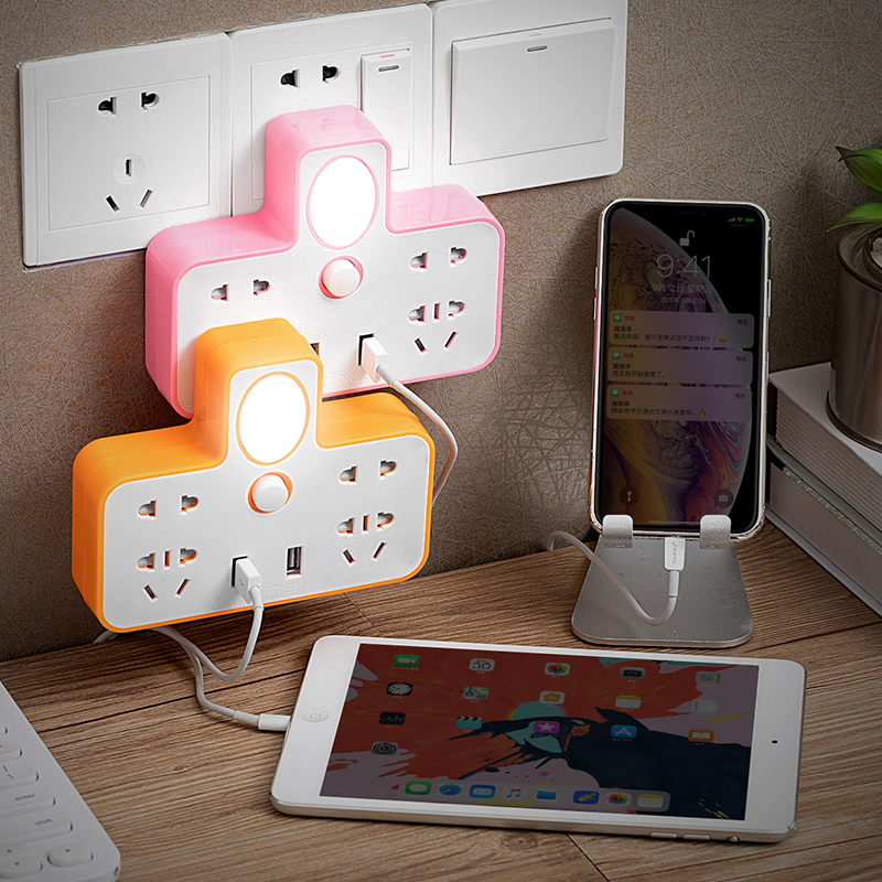 Ổ cắm điện 4 phích cắm 2 cổng USB kiêm đèn ngủ Jia Zhong Mu