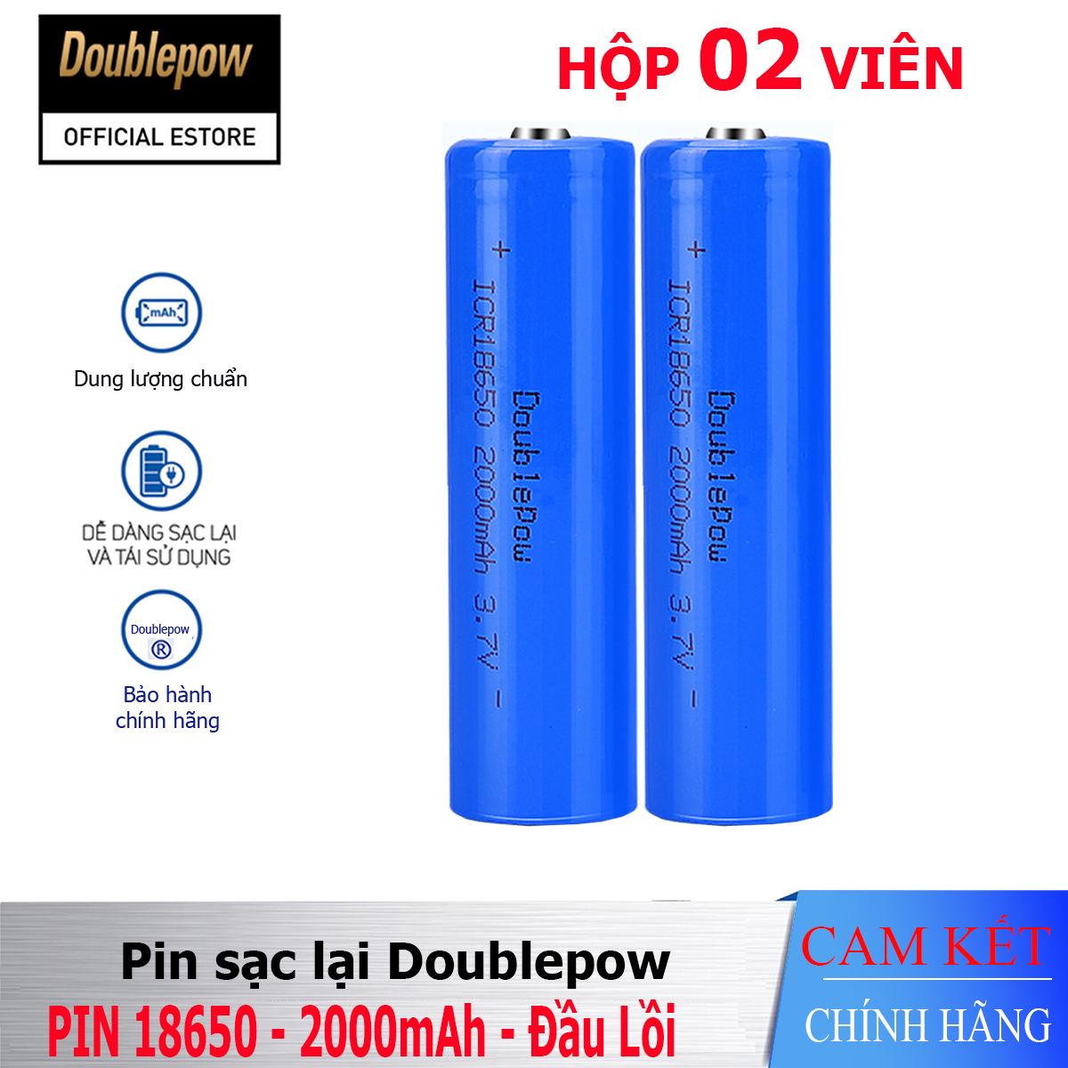 [Hộp 02 viên] Pin sạc Lithium 18650 - 2000mAh đầu lồi Doublepow, pin dung lượng thực