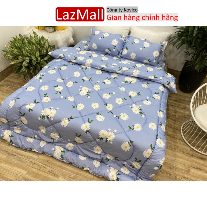 Bộ chăn phao ga gối cotton poly gồm 4 món mẫu cúc hoạ mi xanh Sunzin Kho chăn ga gối, ga giường, drap giường