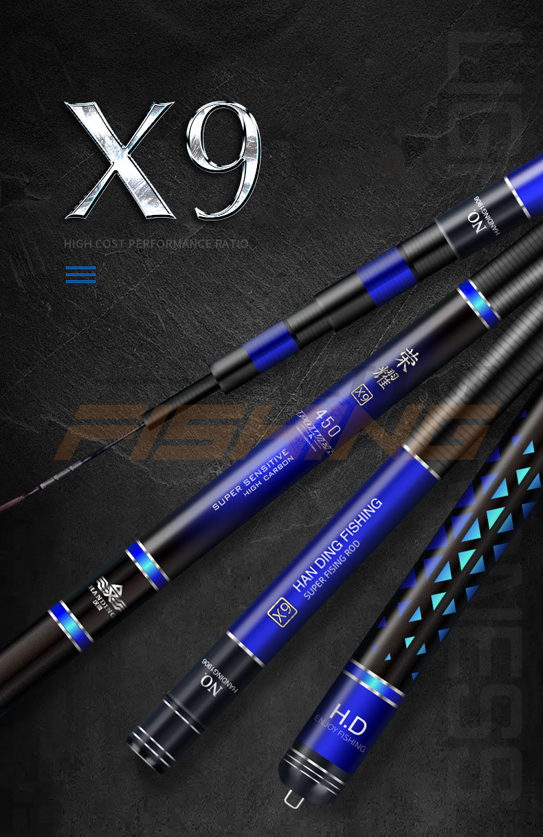 Cần câu đơn, câu đài giá bình dân 3,6m- 5,4m Handing X9 độ cứng 4h thích hợp câu tự nhiên. Thiết kế hiện đại, trẻ trung