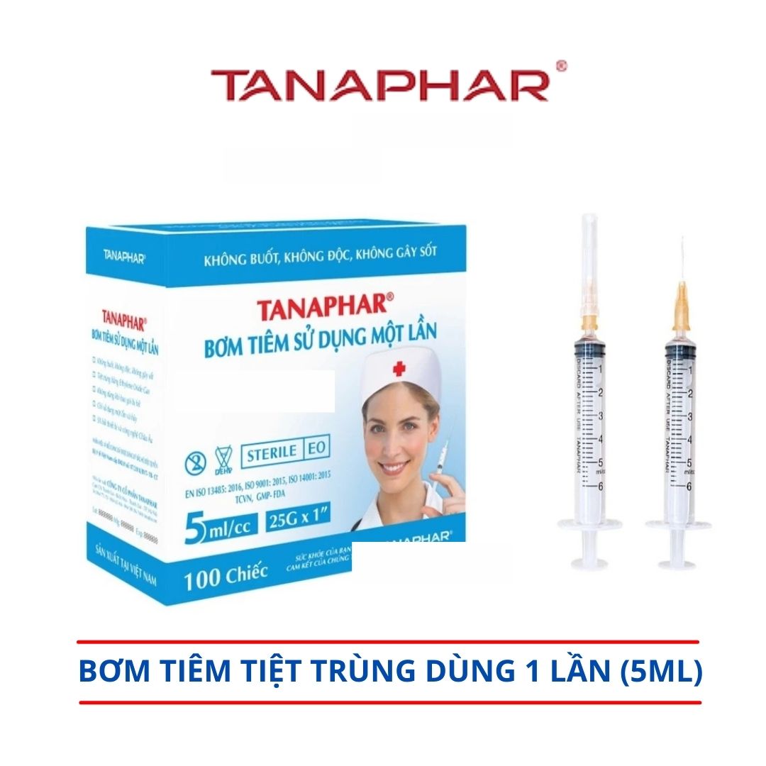 Gói 1 cái Bơm tiêm Tanaphar - Bơm kim tiêm Xilanh sử dụng một lần 5ml/cc Tanaphar chính hãng (kim 25g) được khử trùng bằng khí E.O, vạch chia dung tích rõ nét chính xác, kim tiêm có nắp chụp bảo vệ, không gỉ