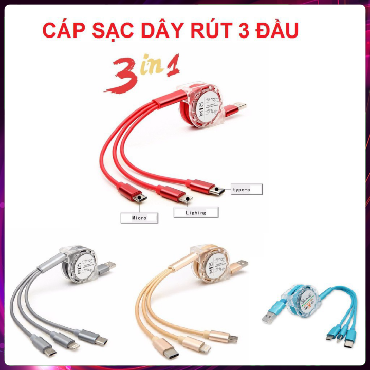 Dây sạc iphone, androi 3 Đầu LIGHTNING Type C Và Micro Usb Dây Rút Gọn Hàng Công Ty Bền Dây Chắc Chắn Đa Đầu Sạc Tiện Lợi..