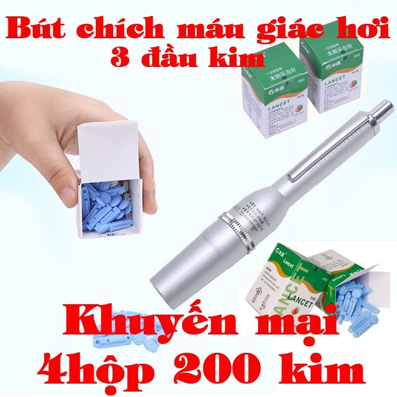 Bút 3 đầu kim (Km 4 hộp 200kim) chích máu thử tiểu đường và giác hơi