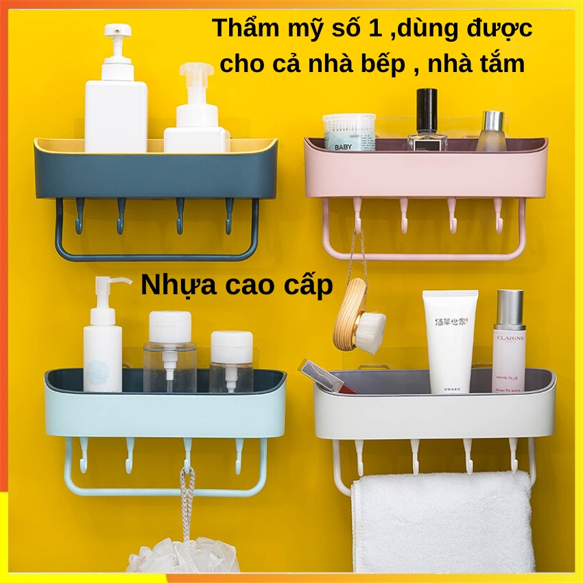 Kệ nhà tắm dán tường Kệ nhựa nhà bếp dán tường chịu lực SOTY KTX-024 có móc treo đựng đồ móc phơi khăn ( 4 Màu )