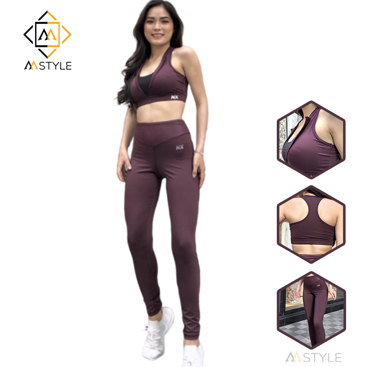 Đồ tập Gym Yoga Thể Thao NỮ màu đỏ mận quai chéo cá tính có mút ngực Vải thun co dãn thấm hút mồ hôi - Mstyle
