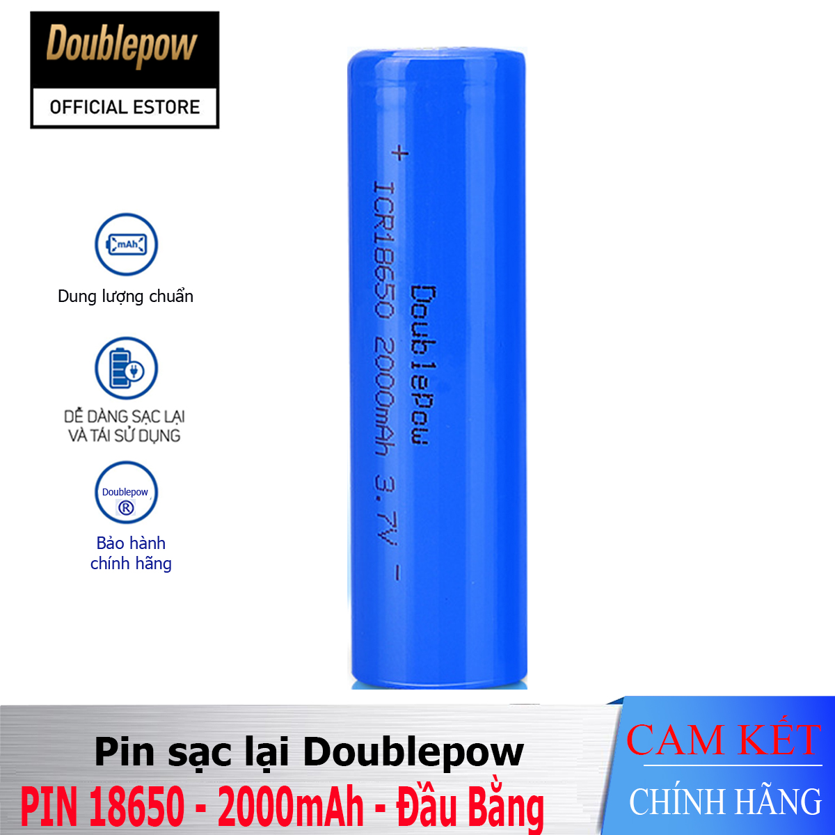 Pin sạc Lithium 18650 - 2000mAh đầu bằng Doublepow, pin dung lượng thực (01 viên)