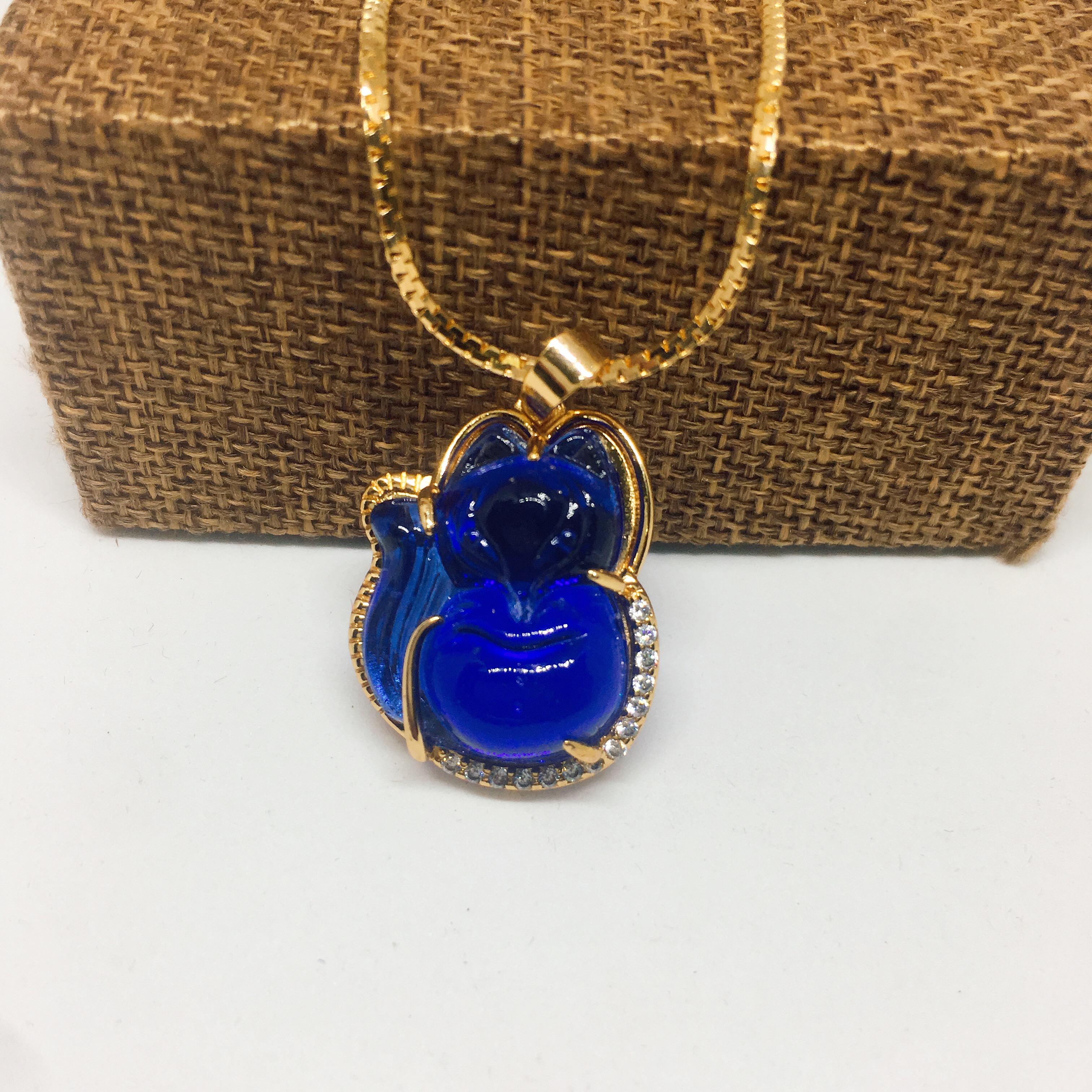 Nữ trang phong thủy Dây chuyền nữ mặt Hồ Ly đá LAMASIA bọc bạc Thái mạ vàng đính đá, trang sức phong thủy, may mắn, tài lộc, trang sức cao cấp (dây và mặt) (màu xanh dương)