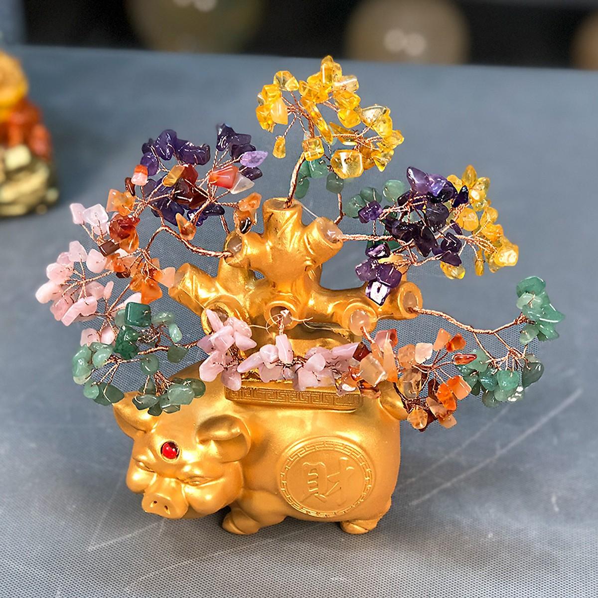 [FreeshipMAX] Cây tài lộc đá Thạch Anh ngũ sắc đế Heo Vàng Thần Tài