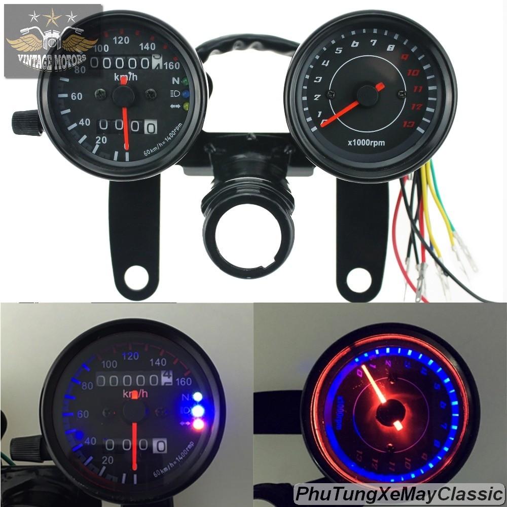 Bộ đôi đồng hồ công tơ báo km và công tơ tua máy kèm pat + ổ khóa độ xe cafe racer, tracker, xe cổ, honda 67, win, SU GN