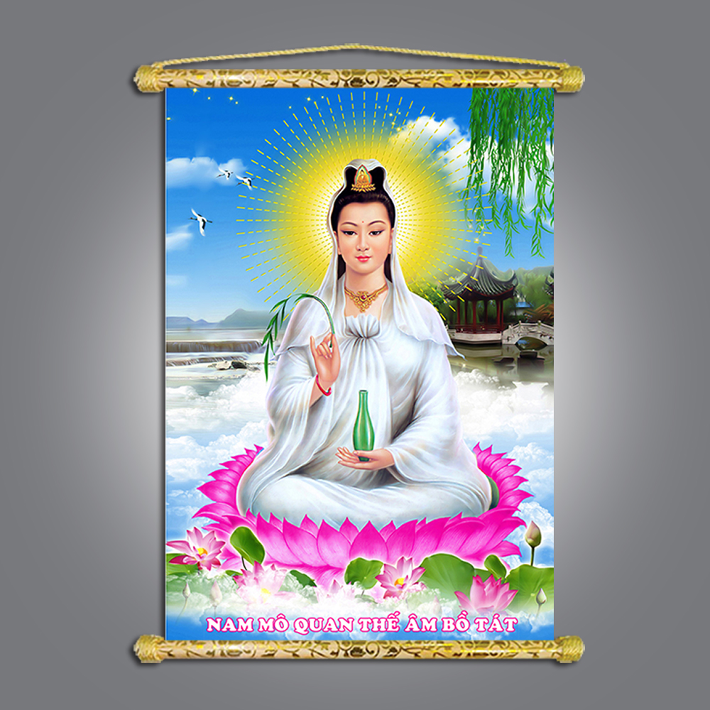 [HCM][Tranh Liễn Phật Giáo]Tranh Quan Thế Âm Bồ Tát - Vải canvas nẹp sáo gỗ KT: 40x60 cm nhiều mẫu lựa chọn