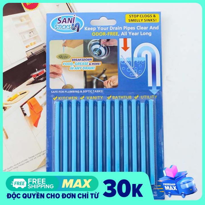 Vỉ 12 que thông tắc cống, bồn rửa tay, bồn rửa chén, bồn tắm, làm sạch đường ống nước Sani Stick