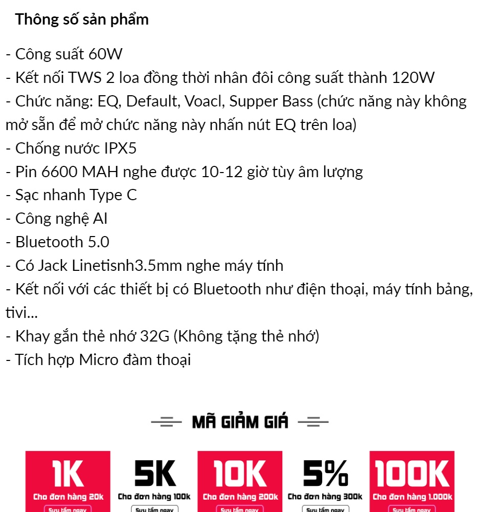 Loa bluetooth ngoài trời di động không dây công suất lớn 60W loa siêu trầm